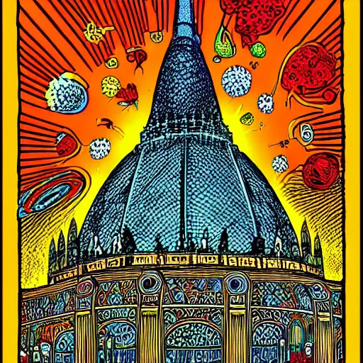 Image similar to psychedelic mole antonelliana in the style of robert crumb, with hallucinogenic mushrooms in the background, vivid colours