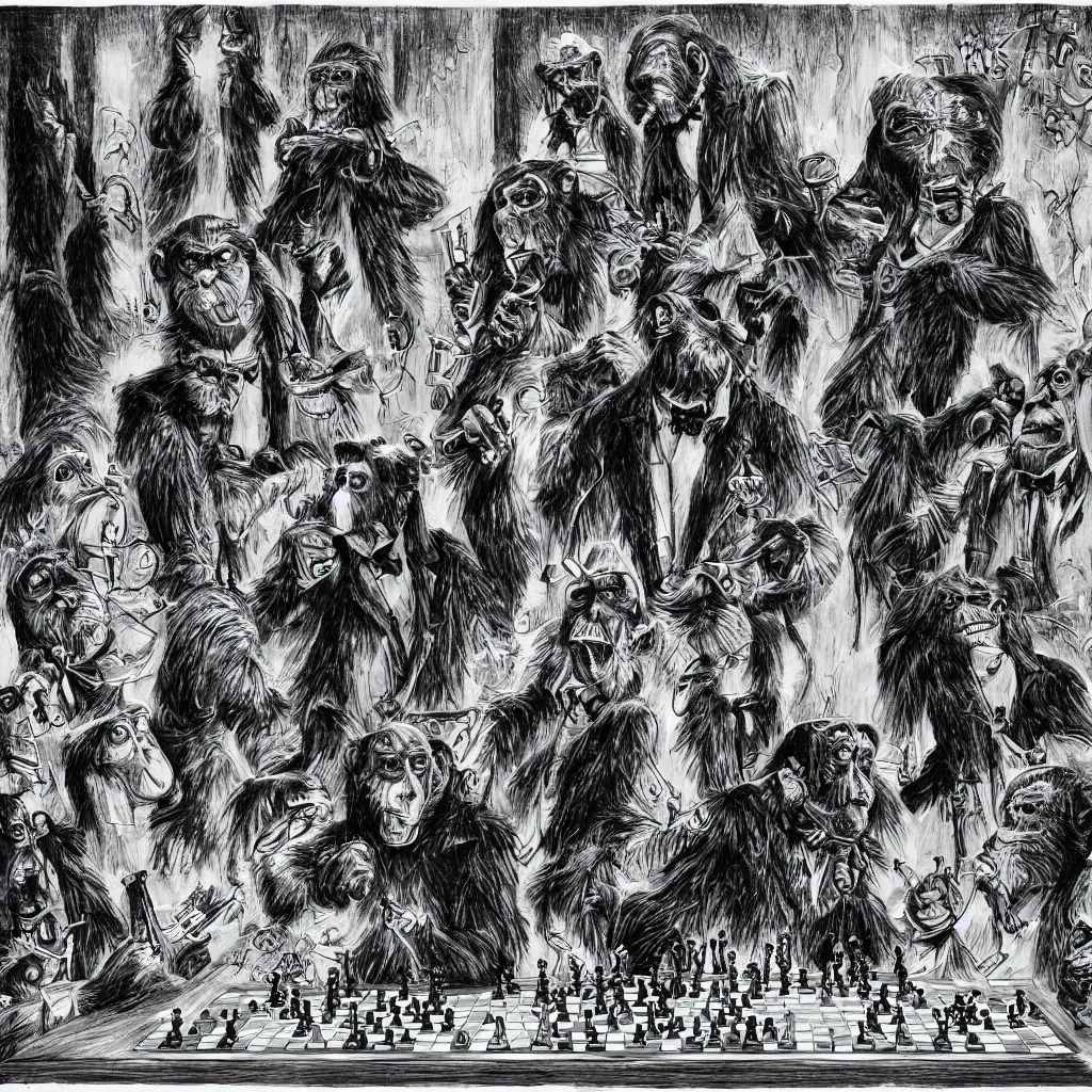 Prompt: Apes and monkeys playing Chess against Evil Shadow Creatures wearing tuxedos. Ballpoint pen art.