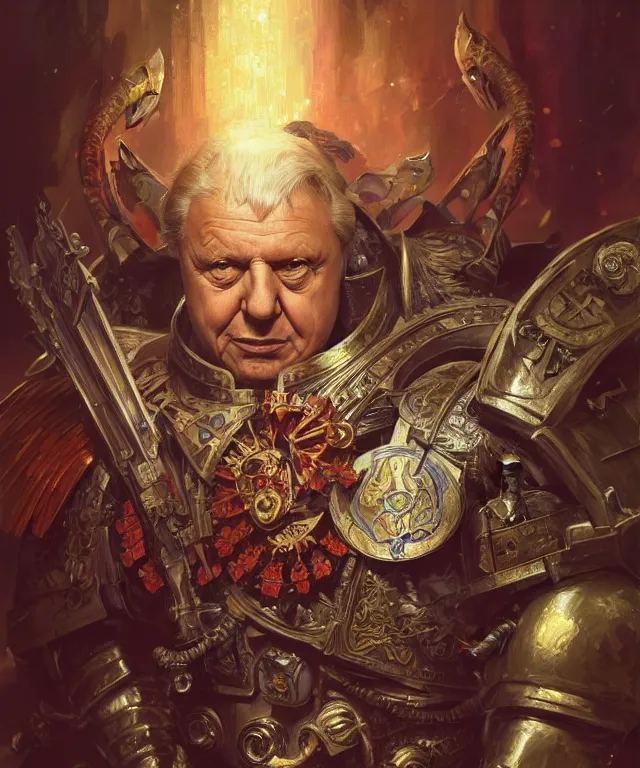 Image similar to Sir David Attenborough as Warhammer 40k Emperor, portrait, fantasy, intricate, elegant, highly detailed, digital painting, artstation, concept art, smooth, sharp focus, illustration, art by artgerm and greg rutkowski and alphonse mucha