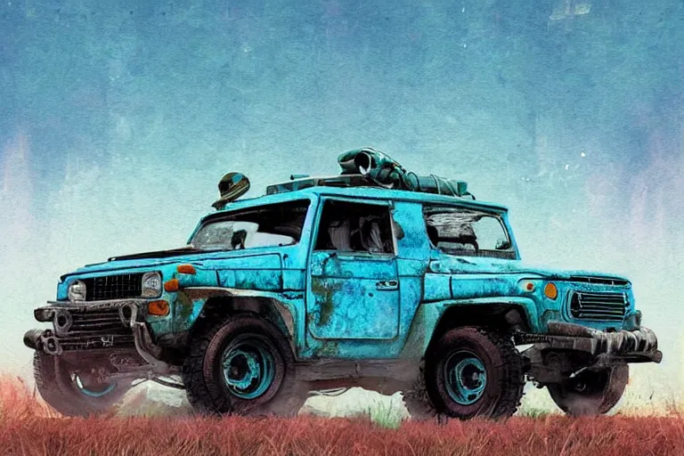 Image similar to digital illustration of a faded cyan mad max's fj 4 0 decrepit!!!! pursuit special, rusty!!! cyberpunk nissan fj cruiser heavily modded 1 9 9 0 s, the last v 8 interceptor by makoto shinkai, ilya kuvshinov, lois van baarle, rossdraws, basquiat