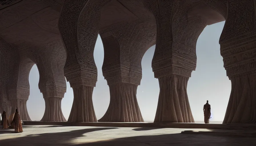 Prompt: the inside of a monument with arabian motifs, by tim blandin and arthur haas and bruce pennington and john schoenherr, big windows architecture by zaha hadid, octane render, cinematic, scenery, cgsociety, modernism, futuristic, trending on artstation, sci - fi, high detail, high quality, close up angle, people walking