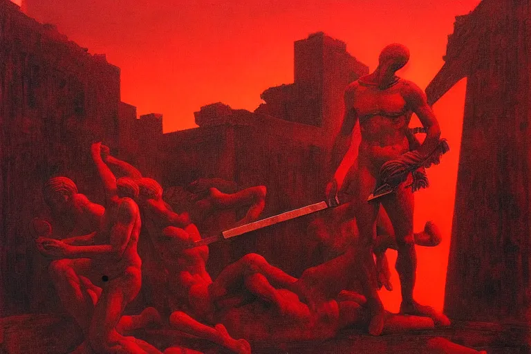 Image similar to only with red, a red melted apollo with a laurel wreath and a flaming sword announce win, athens in background, in the style of beksinski, parts by edward hopper, parts by rodcenko, parts by yue minjun, intricate and epic composition, red by caravaggio, insanely quality, highly detailed, masterpiece, red light, artstation, 4 k