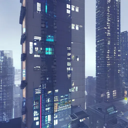 Image similar to a cyberpunk apartment in a high-rise building downtown ultra-realistic 3D render architecture