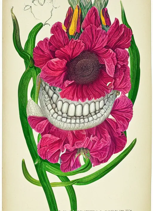 Prompt: fantasy scientific botanical illustration of colorful flower with a large, smiling mouth as a flower