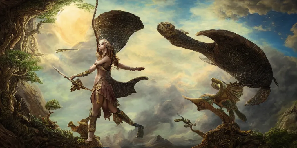 Prompt: A fantasy book style portrait painting of the Great Turtle Island at the center of the Universe holding up the sky, Encircled by a hybrid, of Anya_Taylor-Joy, Cory Chase, Eva Green, as a Mystical Valkyrie, Anubis-Reptilian, Atlantean Warrior, François Boucher, Oil Painting, unreal 5, DAZ, hyperrealistic, octane render, Regal, Refined, Detailed Digital Art, RPG portrait, William-Adolphe Bouguereau, Michael Cheval, Walt Disney (1937), Steampunk, Volumetric Golden dappled dynamic lighting, Highly Detailed, Cinematic Lighting, Unreal Engine, 8k, HD