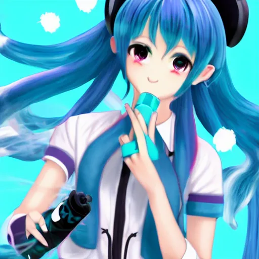 Prompt: hatsune miku smoking a vape pen in her right hand | smoke coming out of her mouth, artstation, 4 k