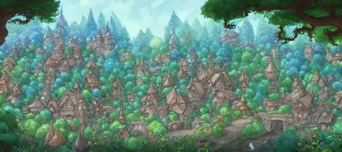 Prompt: Beautiful detailed high quality illustration of an enchanted magical village, beautiful forest on background::art by Ghibli Studio, League of Legends, Arcane, Wild Rift, trending on artstation