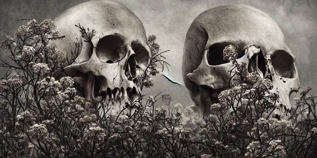 Image similar to skulls being overgrown by edelweiss, dolomites in background, dark, eerie, despair, portrait photography, artstation, digital art, adward winning, concept art, artstation, highly detailed, sharp focus, by caravaggio