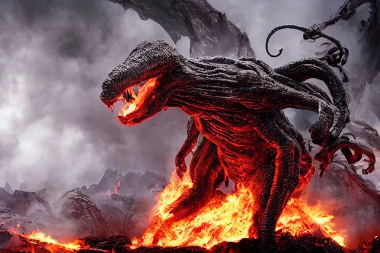 Image similar to movie still, giant balrog at the bridge of khazad - dum, style of h. r. giger, fiery, dark, realistic movie still, cinematic, cgi,