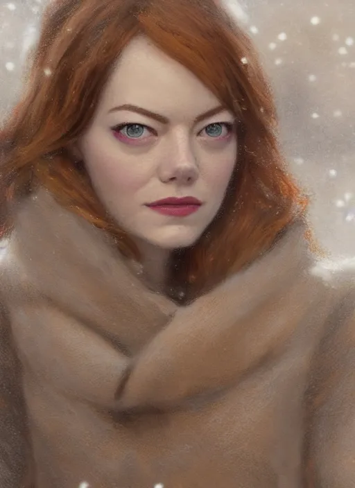 Image similar to emma stone in beige coat, close up face, winter new york, snow, artwork by gaston bussiere, craig mullins, trending on artstation