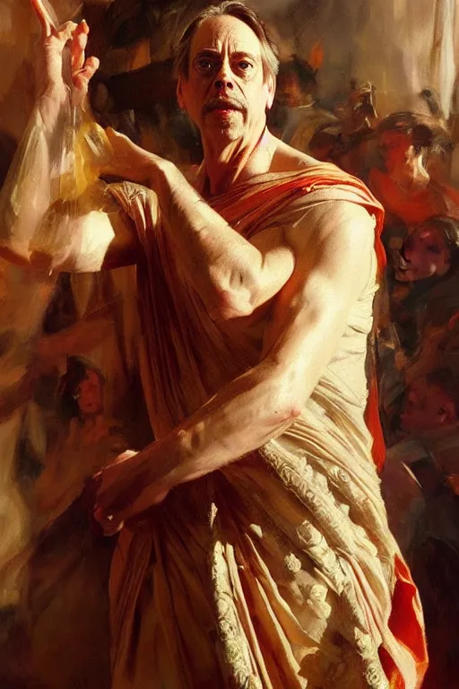 Image similar to beautiful expressive oil painting portrait of ancient roman god emperor steve buscemi ascending wearing the civic crown, art by anders zorn, wonderful masterpiece by greg rutkowski, beautiful cinematic light, american romanticism by greg manchess, jessica rossier