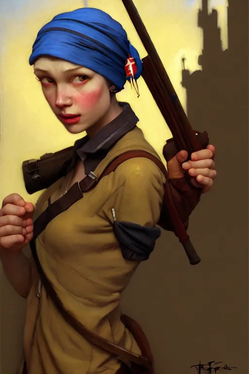 Image similar to team fortress 2 scout the girl with the pearl earring as the team fortress 2 scout team fortress 2 scout team fortress 2 scout, painting by gaston bussiere, katsuya terada, nc wyeth, greg rutkowski, craig mullins, vermeer, frank frazetta, mucha, tom of finland, trending on artstation