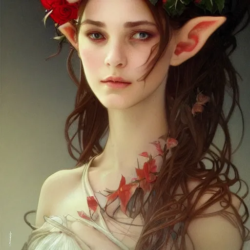 Image similar to portrait of very beautiful elf, rose crown, thorn background, headshot, pale skin, 4k, rule of thirds, extreme detail, detailed drawing, trending artstation, hd, fantasy, D&D, realistic lighting, by Alphonse Mucha, Greg Rutkowski, sharp focus, backlit, bright white hair, elegant