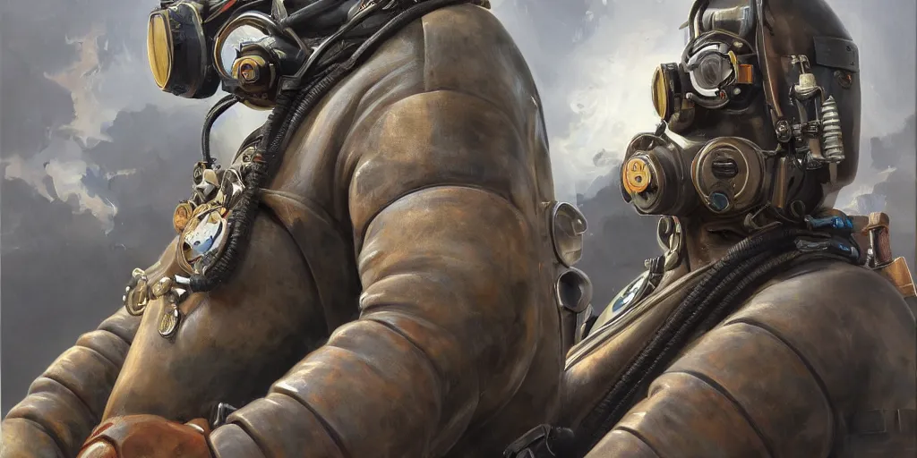 Prompt: highly detailed portrait painting of welder stallone in atmospheric diving suit, perfect symmetrical eyes, by eddie mendoza and tyler edlin, windows, 8 k resolution