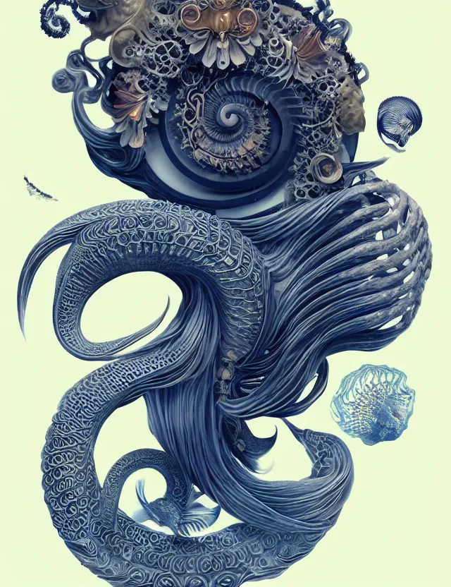 Image similar to 3 d goddess nautilus half - turn portrait with long hair with ram skull. beautiful intricately detailed japanese crow kitsune mask and clasical japanese kimono. betta fish, jellyfish phoenix, bio luminescent, plasma, ice, water, wind, creature, artwork by tooth wu and wlop and beeple and greg rutkowski