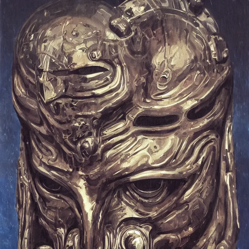 Prompt: painting of an intense futuristic tribal mask. pulp sci - fi art for omni magazine. high contrast. dark background. baroque period, oil on canvas. renaissance masterpiece. muted colors, soft gradients. trending on artstation. retrofuturism.