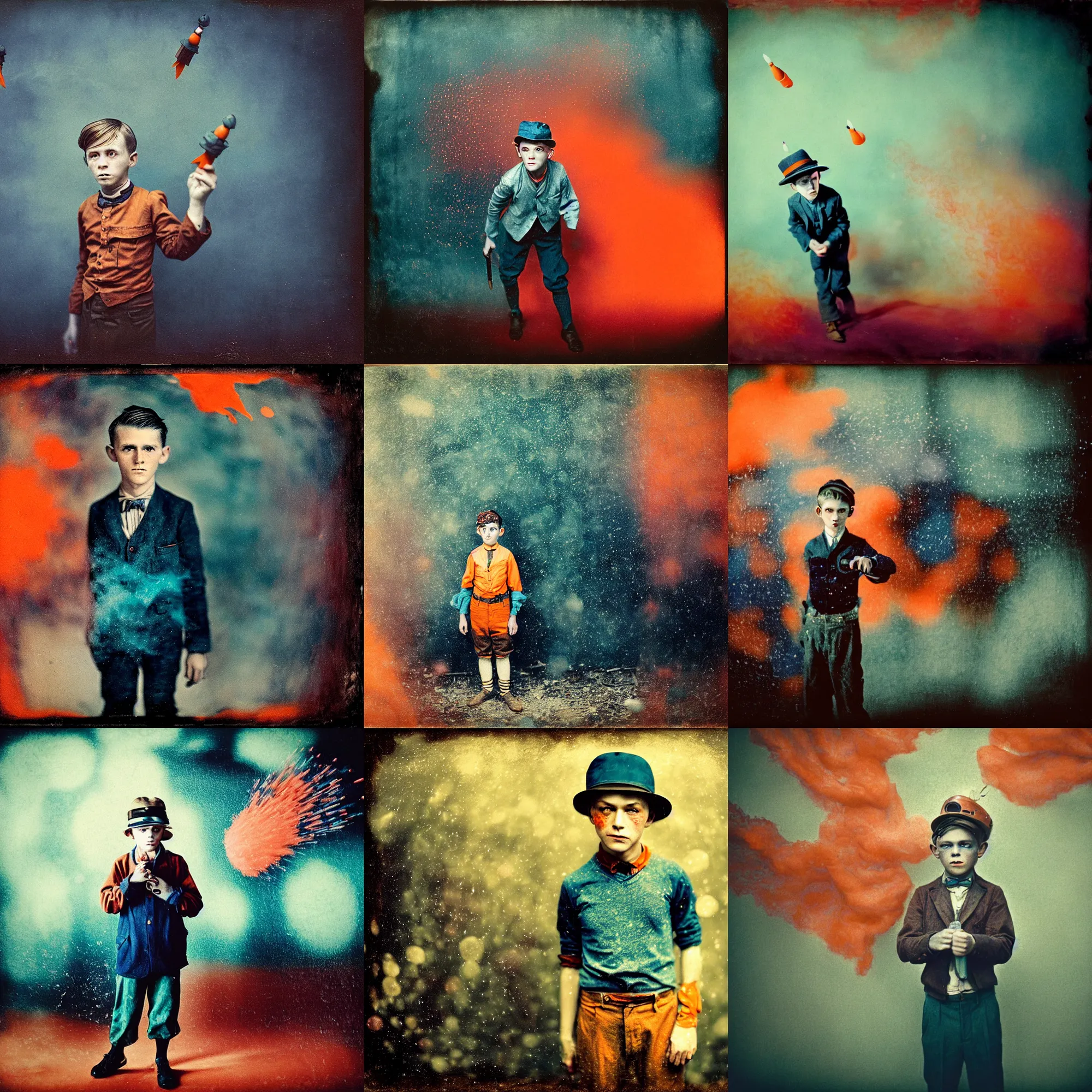 Prompt: kodak portra 4 0 0, wetplate, muted colours, blueberry and orange and teal, handsome 8 year old 1 9 2 0 s boy, the walking dead, 1 9 1 0 s style, motion blur, portrait photo of a backdrop, explosions, rockets, bombs, sparkling, snow, fog, by georges melies and by britt marling