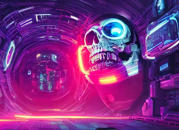 Prompt: a futuristic skull with glowing eyes and a wormhole tunnel, cyberpunk art by james jean, behance contest winner, computer art, darksynth, synthwave, rendered in cinema 4 d