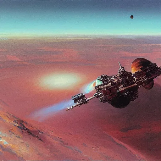 Image similar to painting of a spaceship approaching a dusty reddish brown crater, john berkey