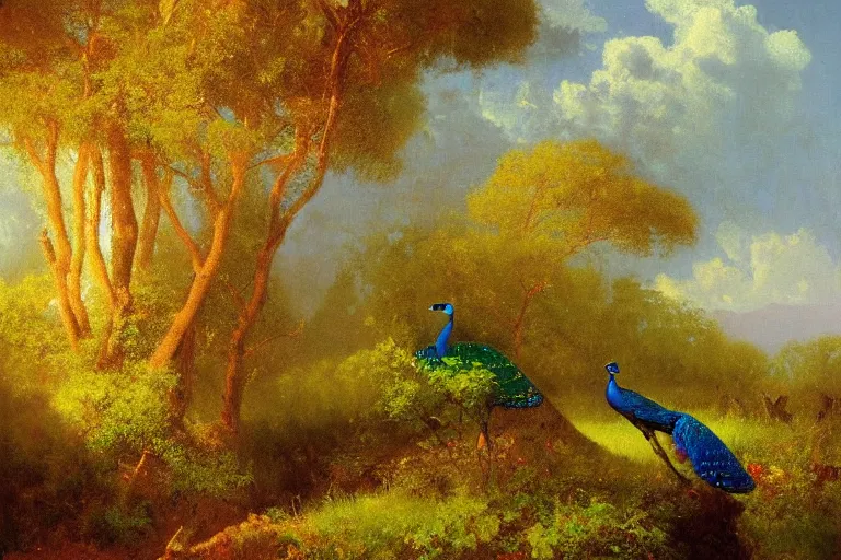 Prompt: painting of peacock irish butterflies by albert bierstadt, matte painting, beautiful, dark ambient, oil on canvas