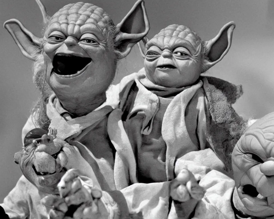 Prompt: yoda hosts a cookin show with an ugly clown, black and white