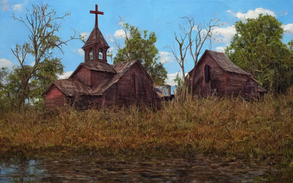 Image similar to an old wooden church rotting away in the bayou, realistic, oil painting, dynamic composition, ultra detailed