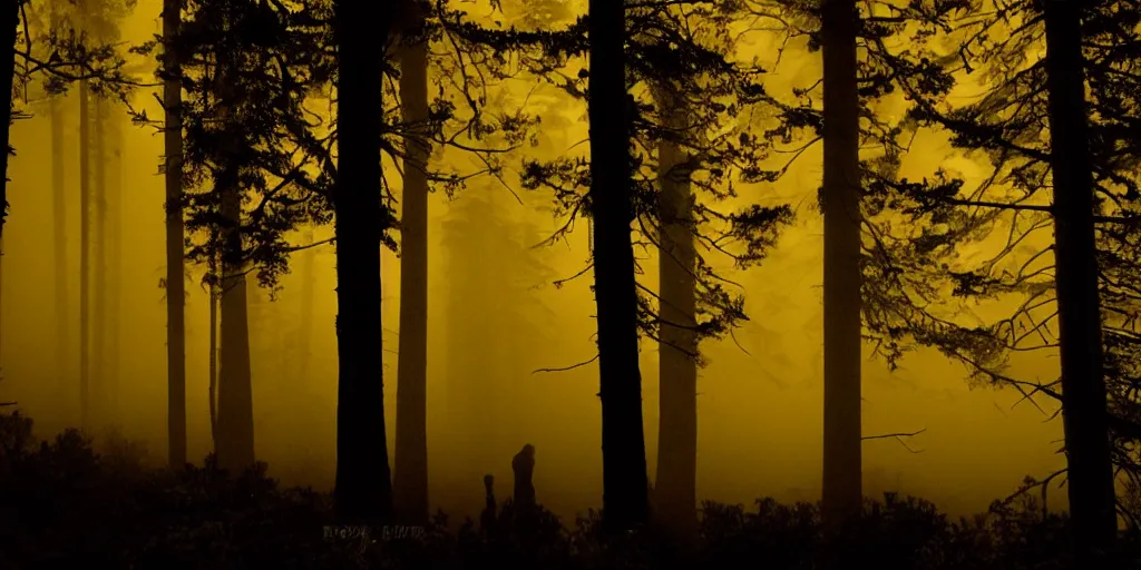 Image similar to silhouette tall spirits standing along the entire horizon in the mist with glowing reflective eyes in the dark northern California woods at night