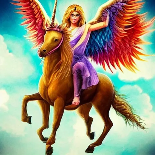 Prompt: photo of a beautiful angel warrior riding a unicorn into battle