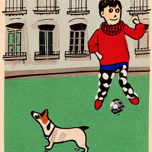 Image similar to book illustration of a french boy on the streets of paris playing football against a corgi, the dog is wearing a polka dot scarf, 1 9 6 6