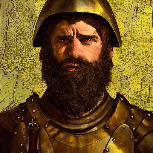 Image similar to Closeup of frustrated male medieval sergeant with a {short} beard wearing a black!!!! and yellow tabard over a steel breastplate and a black gambeson looking up from a map on a table, intricate, dramatic lighting illustration by Greg Rutkowski, ArtStation, digital art, fantasy