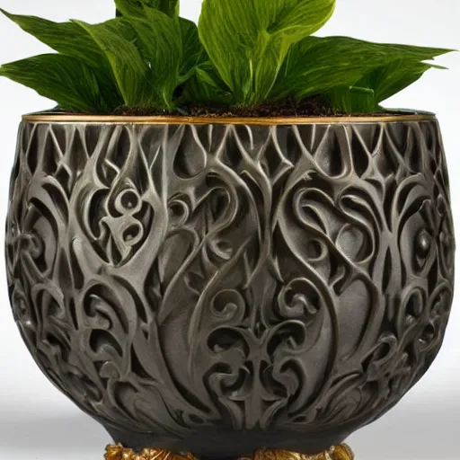 Image similar to an architectural, unique pot made for houseplants, hollywood regency style