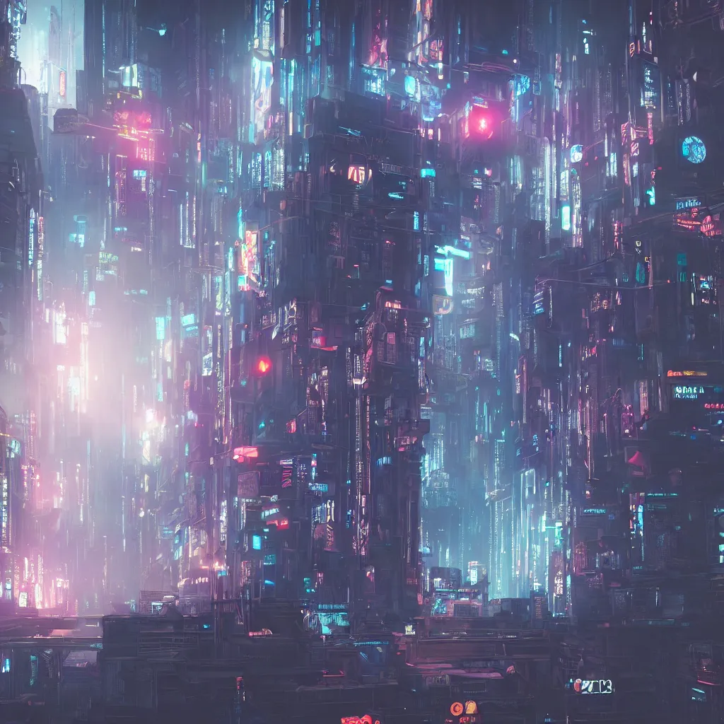 Prompt: a cinematic keyframe of a cyberpunk city at night that is situated in the clouds, highly detailed, sharp focus, unreal engine highly rendered, radiant light, subtle light fog