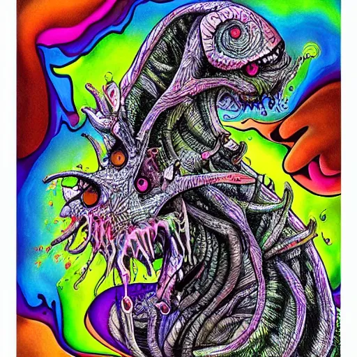 Prompt: madness creature, fluid, smooth, organic, crazy, bright, colours, tumours, high contrast, sharpness, dramatic, very detailed, intricate