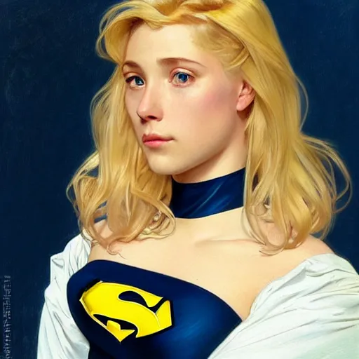 Prompt: a beautiful portrait of a beautiful cute young superhero woman, shoulder - length blonde hair, tight solid matte navy blue lycra bodysuit, white cape, buff, body, muscular, intricate, elegant, 8 k, highly detailed, digital painting, concept art, smooth, sharp focus, illustration, by artgerm greg rutkowski alphonse mucha loish wlop