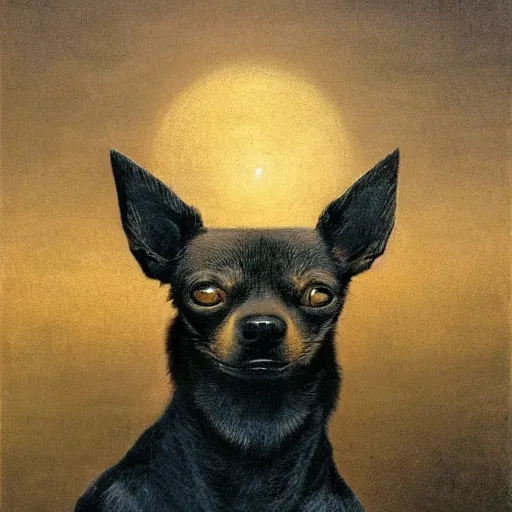 Prompt: an ominous beksinski painting of an enormous Chihuahua, 8k