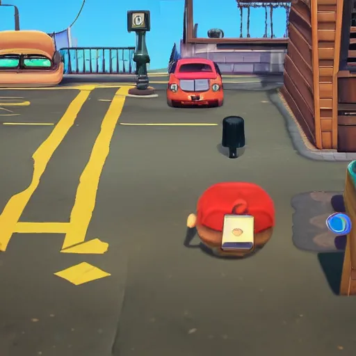 Prompt: screenshot of carjacking on skid row in animal crossing