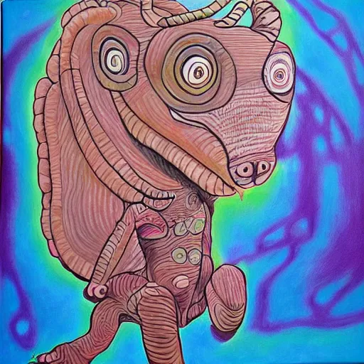 Prompt: an anthromorphic reptiloid using the force to levitate a sheep, by amanda clark in a psychedelic style, oil on canvas