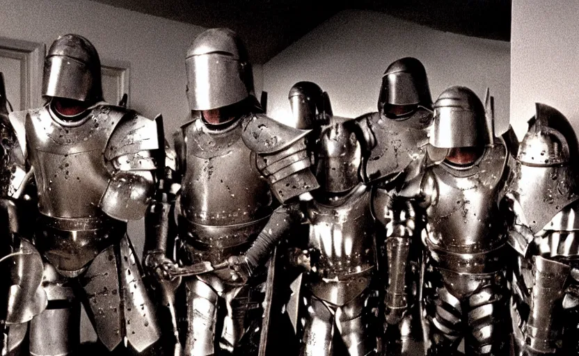 Image similar to Knights with heavy metal armor starring in the shining by stanley kubrick, shot by 35mm film color photography