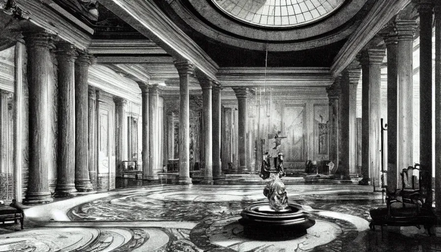 Prompt: 1 9 7 0 s movie still by andrei tarkovsky of a neoclassical interior sphere palace made of gold with a lake in the middle, by piranesi, heavy grain, high quality, high detailed