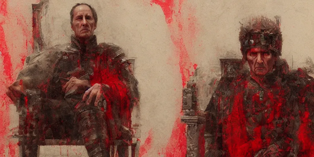 Image similar to the end is near. a tired julius caesar is sitting on his throne. face is highly detailed. splices of red are running down his toga. mist. color scheme red. low angle medium shot. imagined by jeremy lipking