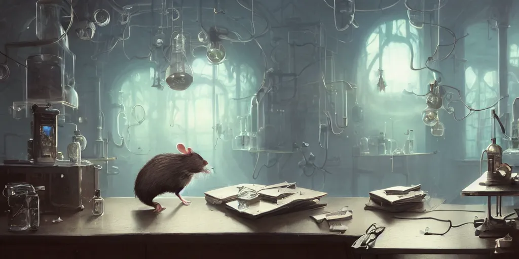 Image similar to rat sitting on a desk in a laboratory with lots of flasks filled with magic liquids and poisonous fog, stephen bliss, unreal engine, fantasy art by greg rutkowski, loish, rhads, ferdinand knab, ilya kuvshinov, rossdraws, tom bagshaw, global illumination, radiant soft light, detailed and intricate environment