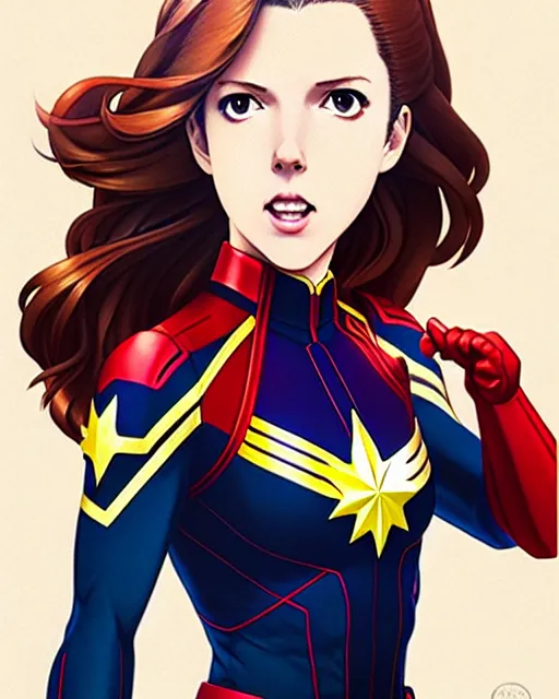 Prompt: Anime as Anna Kendrick playing Captain Marvel || cute-fine-face, pretty face, realistic shaded Perfect face, fine details. Anime. realistic shaded lighting poster by Ilya Kuvshinov katsuhiro otomo ghost-in-the-shell, magali villeneuve, artgerm, Jeremy Lipkin and Michael Garmash and Rob Rey as Captain Marvel in New York cute smile