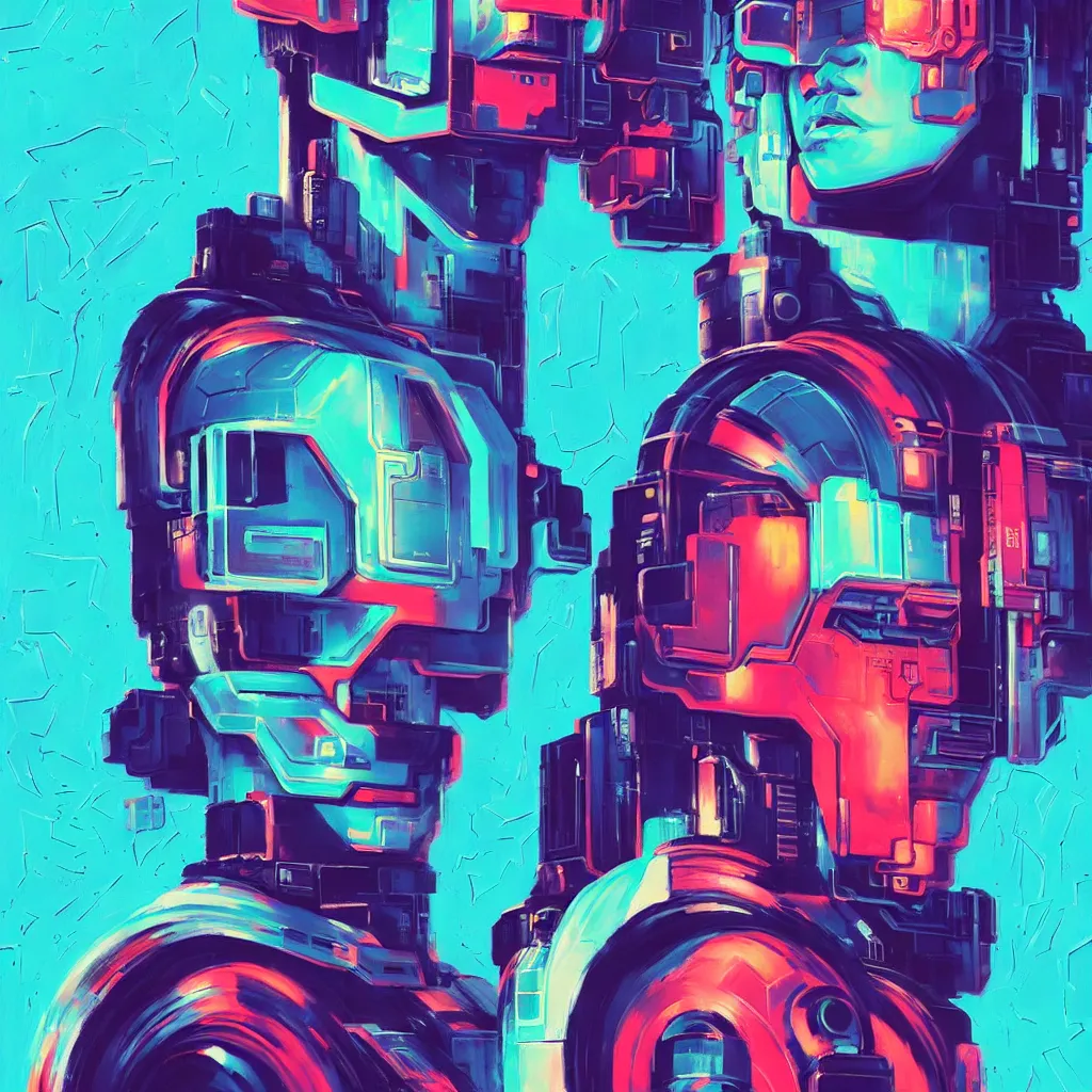 Image similar to a graph - style gouache impasto huge robot head in front of her, cyberpunk art by by james gilleard, cgsociety, retrofuturism, synthwave, retrowave, outrun