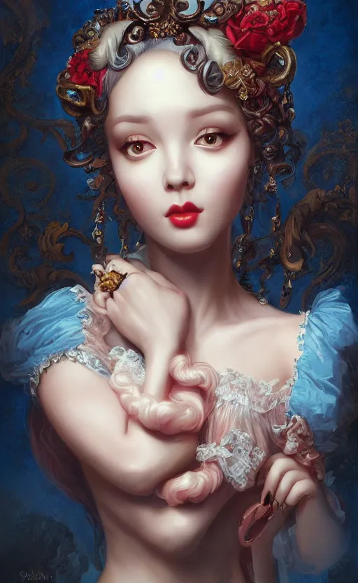 Image similar to pop surrealism, rococo, blue baroque hair, young female seductive - fine - face, pretty face, key visual, realistic shaded perfect face, fine details by stanley artgerm lau, wlop, mark ryden, andrei riabovitchev, marc simonetti, and sakimichan, trending on artstation