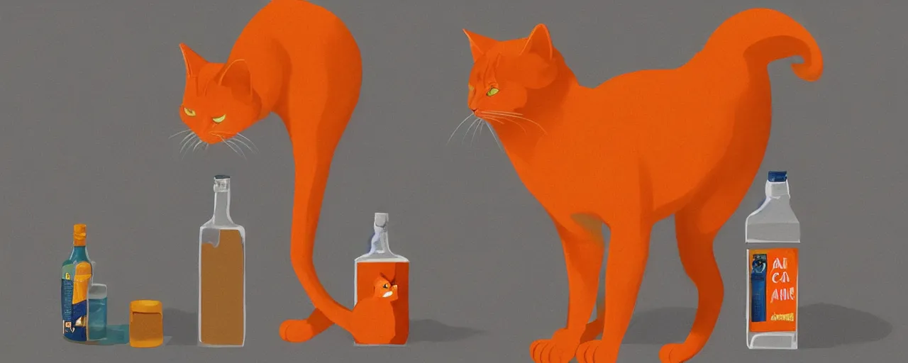 Prompt: a cat standing next to a bottle of medicine. orange cat. animal. digital art. artstation. illustration.