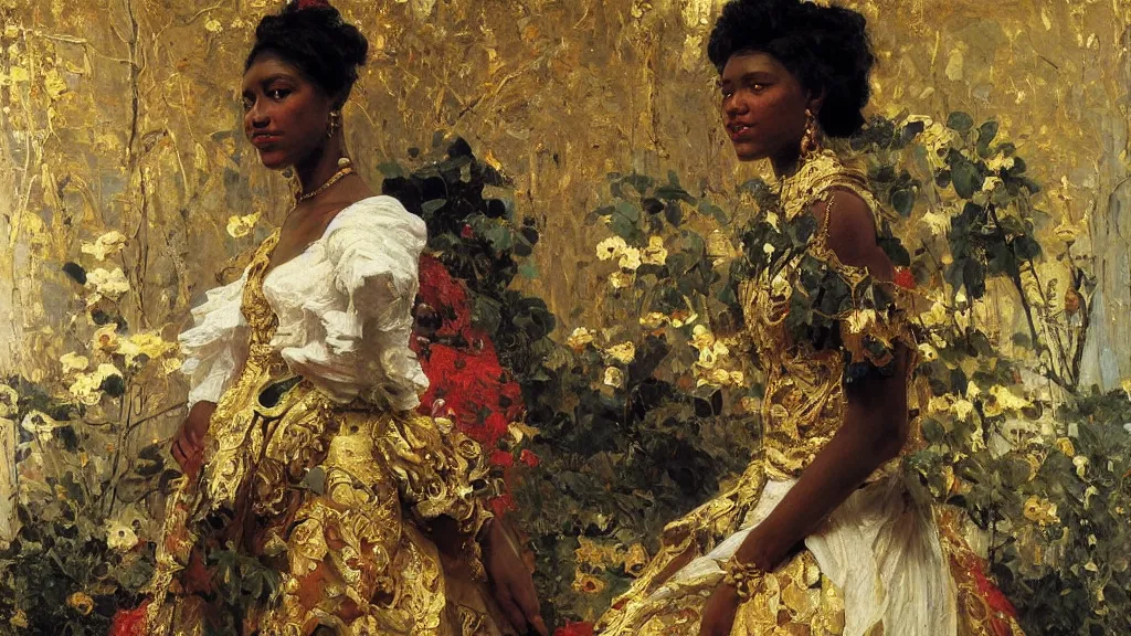 Image similar to high quality high detail painting by ilya repin, black woman in a white room with many plants, intricate costume design, orientalist, partially gold, ornate, elite, luxury, hd