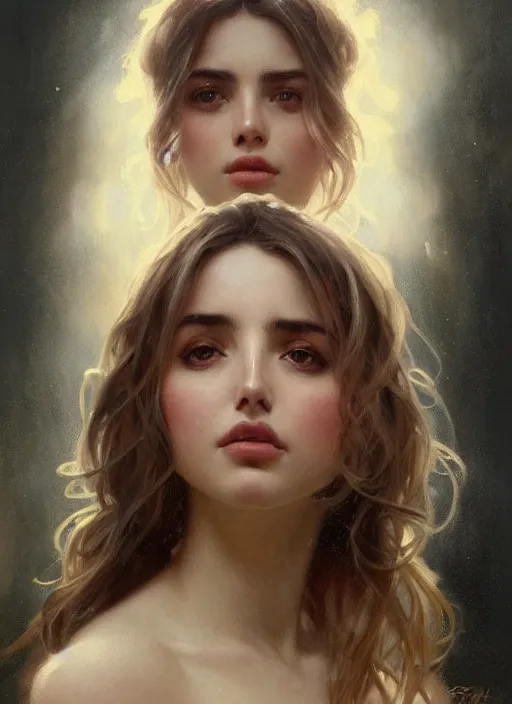 Prompt: beautiful portrait of ana de armas, soft features, by magali villeneuve and greg rutkowski and artgerm and alphonse mucha and jeremy lipkin and rob hay, intricate, elegant, highly detailed, photorealistic, trending on artstation, trending on cgsociety, 8 k, sharp focus