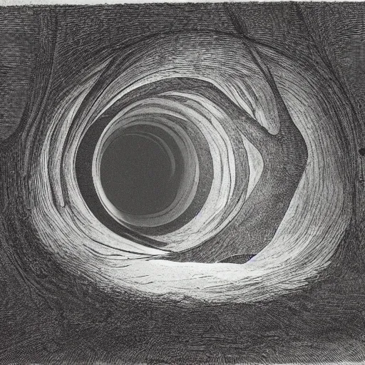 Prompt: Concept art etching of a swirling vortex in a tunnel dark mineshaft by Gustav Doré in Dante's Inferno esophagus -C 12