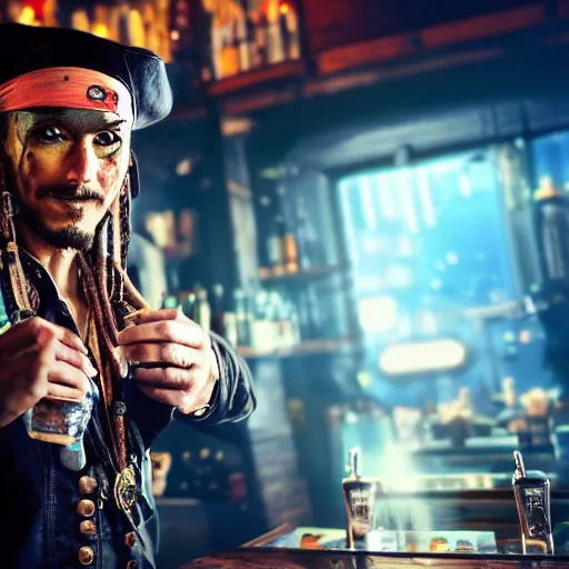 Image similar to high quality portrait of a pirate bartender in a cyberpunk cyberpunk cyberpunk cafe, realism, 8k, award winning photo