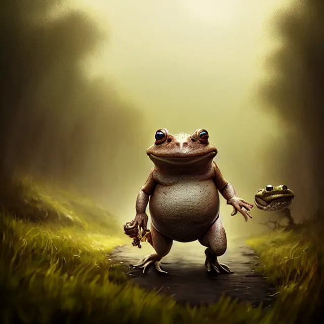 Prompt: epic professional digital portrait art of a smiling anthropomorphic toad on a morning stroll along the misty moors, best on artstation, cgsociety, wlop, Behance, pixiv, astonishing, impressive, outstanding, epic, cinematic, stunning, gorgeous, concept artwork, much detail, much wow, masterpiece.